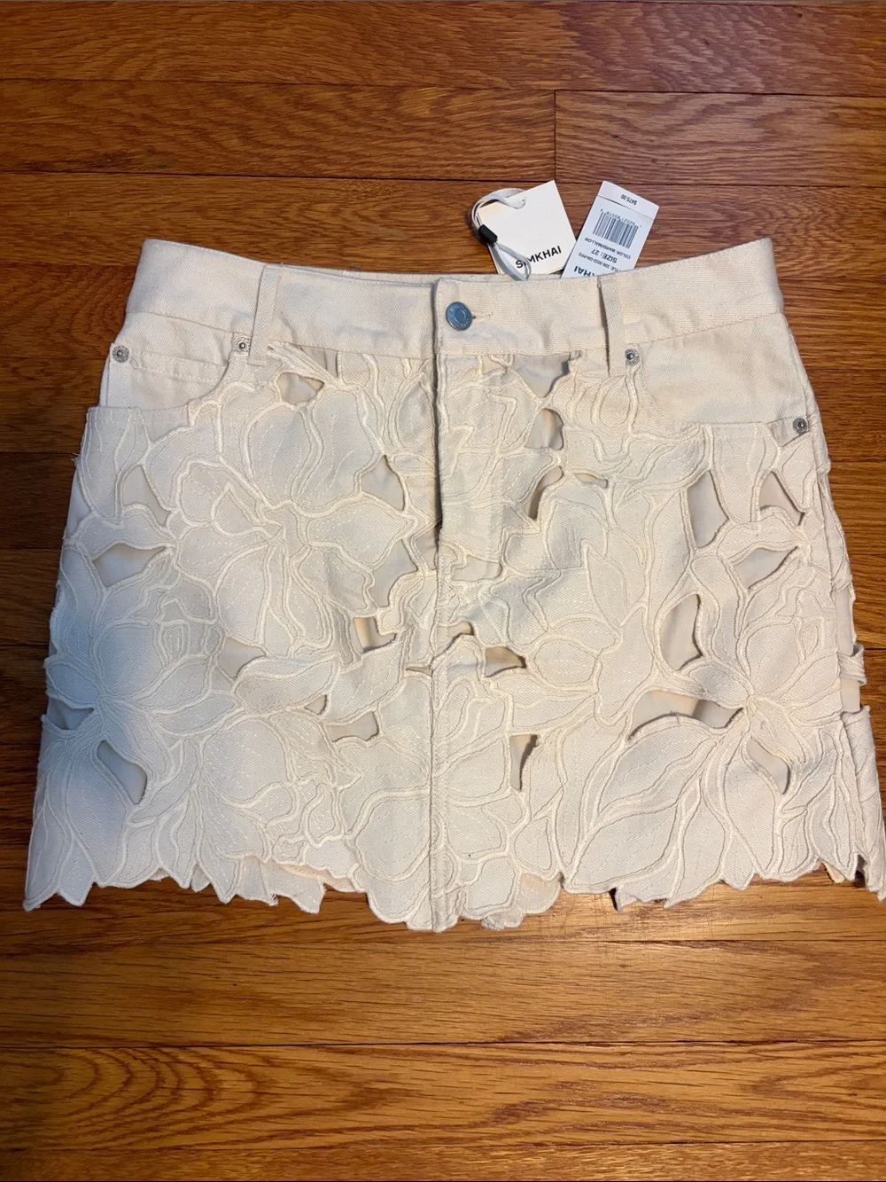 Brand new with tags Simkhai Cutout Floral Lace Denim Mini Skirt - Cream